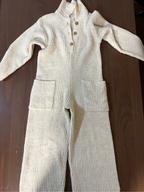 Zara Cream Ribbed Kids Jumpsuit with Button Placket